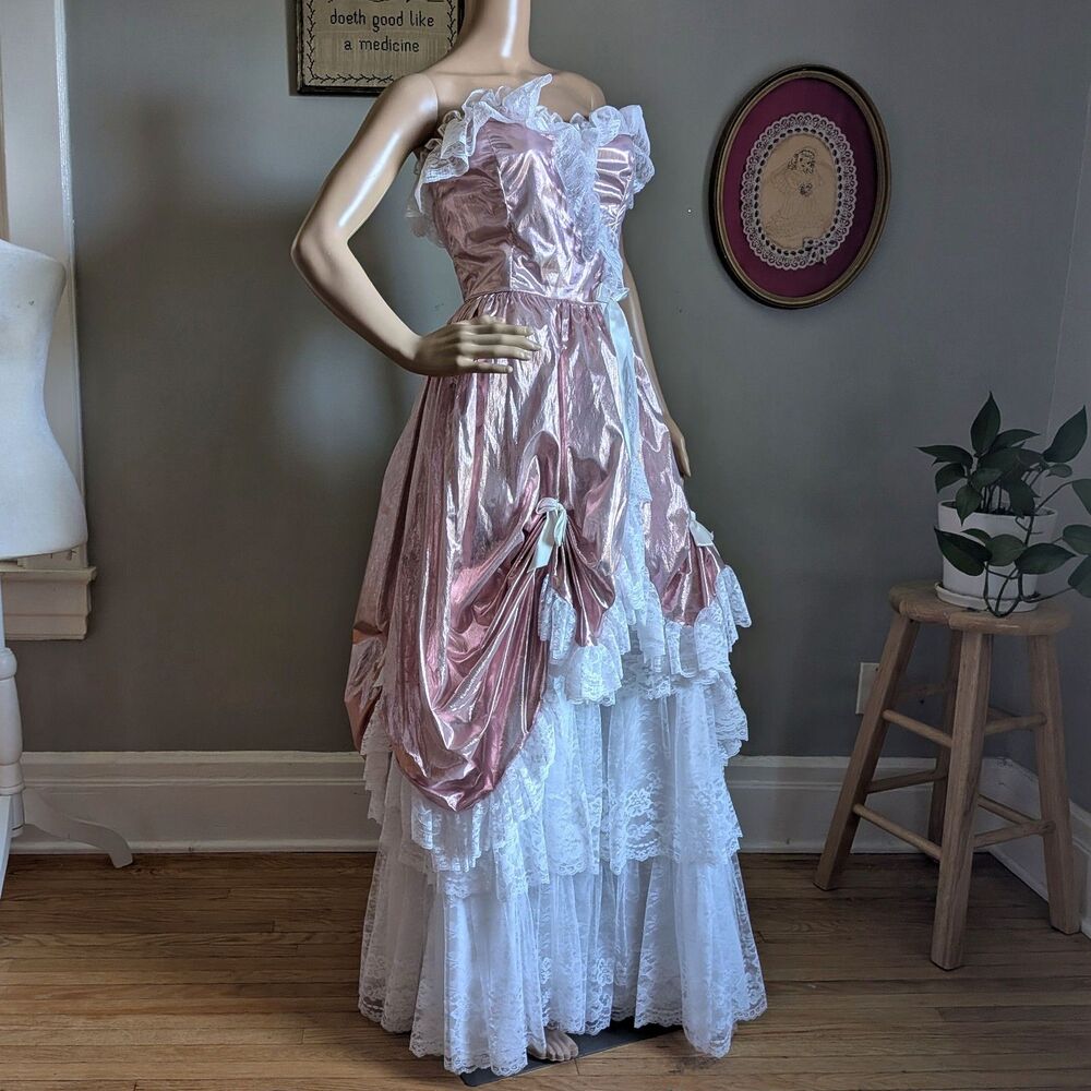 Vintage 80s Loralie Ballgown Southern Belle Maxi Dress Pink Strapless Saloon 8